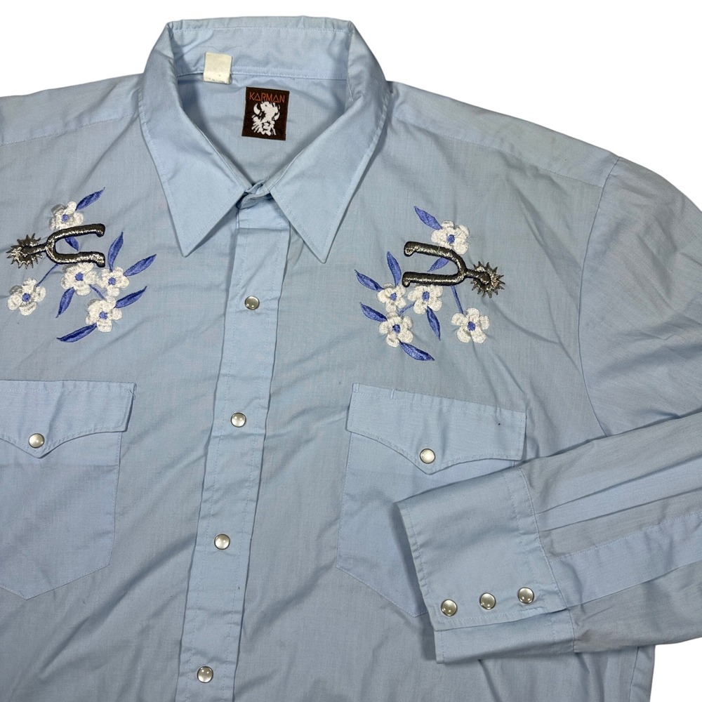 Vintage Karman Western Pearl Snap Shirt Blue Floral Spur Embroidered XL